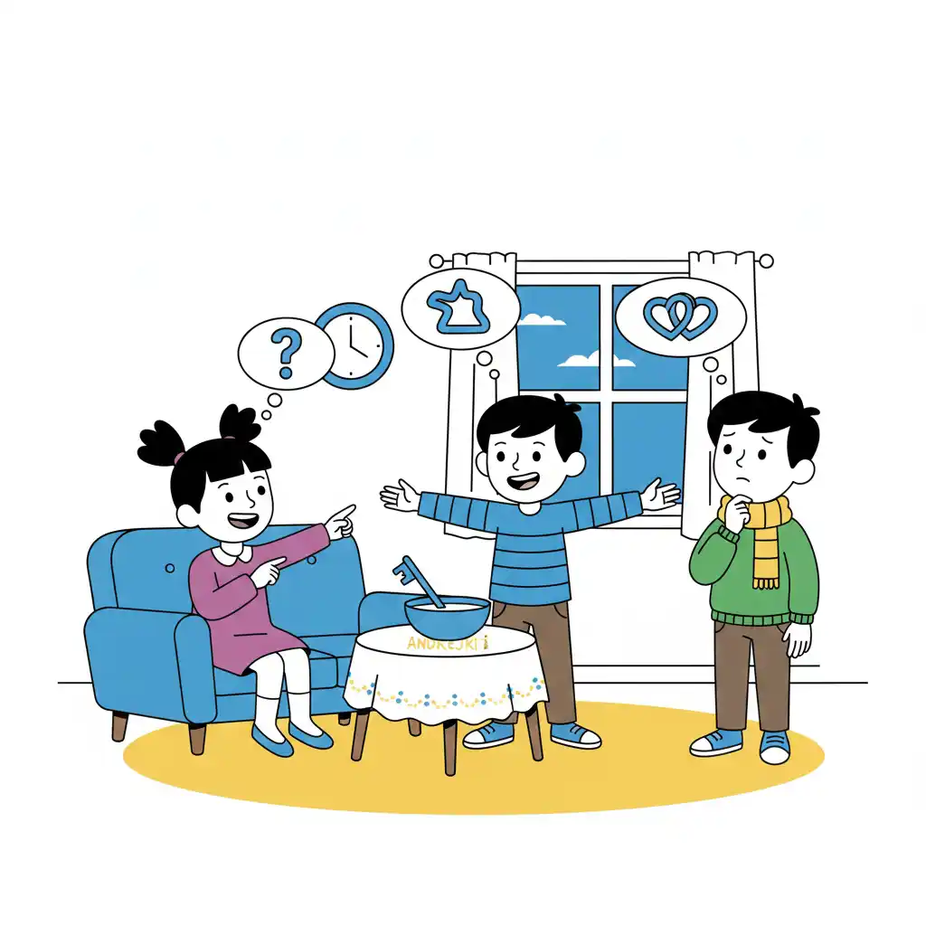 Grupa dzieci grających w kalambury z hasłami o Andrzejkach