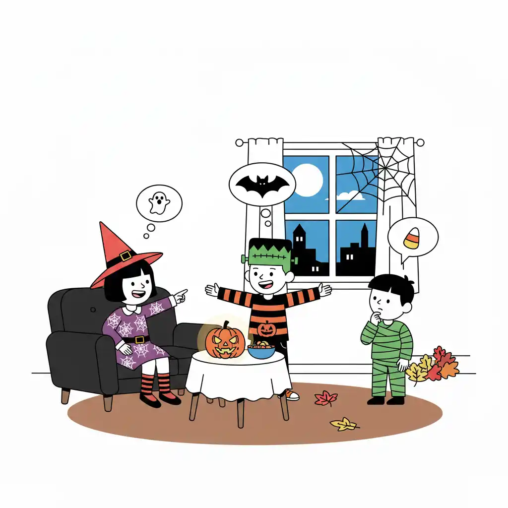 Grupa ludzi grających w kalambury z hasłami o Halloween