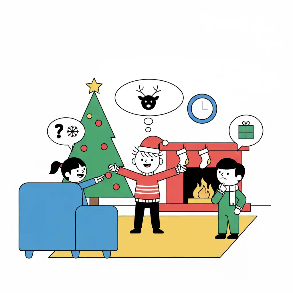 Grupa dzieci grających w kalambury z hasłami o Mikołajkach