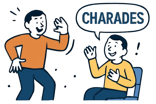 Grupa ludzi grających w kalambury z hasłami o zawodach